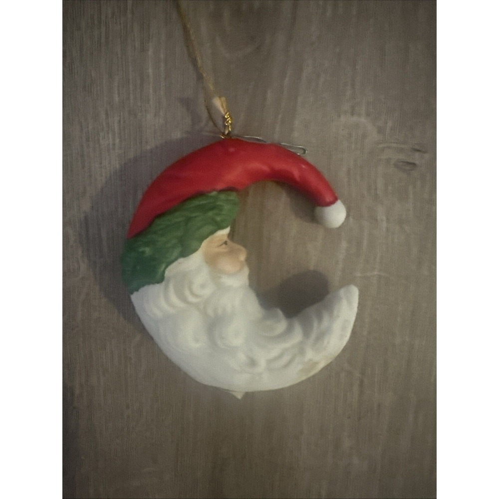 Vintage Midwest imports Taiwan crescent moon porcelain‎ santa Christmas ornament